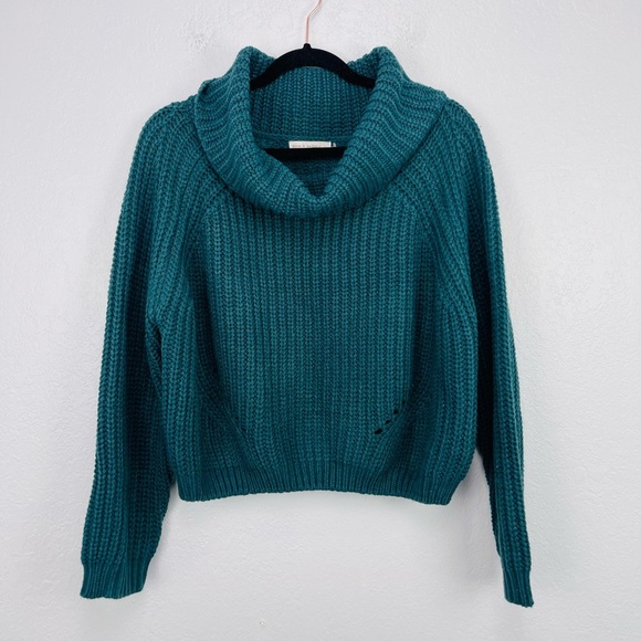 Moon & Madison Teal Pine Green Chunky Knit Crop Long Sleeve Cowl Neck Sweater - Picture 2 of 8